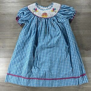 Marmeletta 6X Smocked Blue Gingham Happy Birthday Party Dress